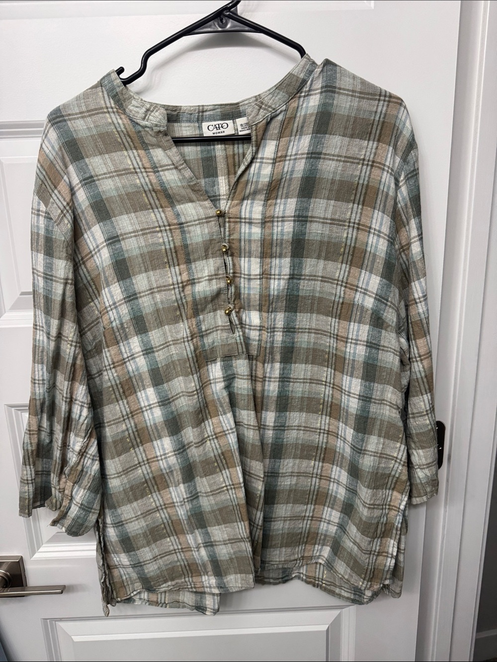 Cato Plaid Button-Front Tunic Top in Green, Brown and White